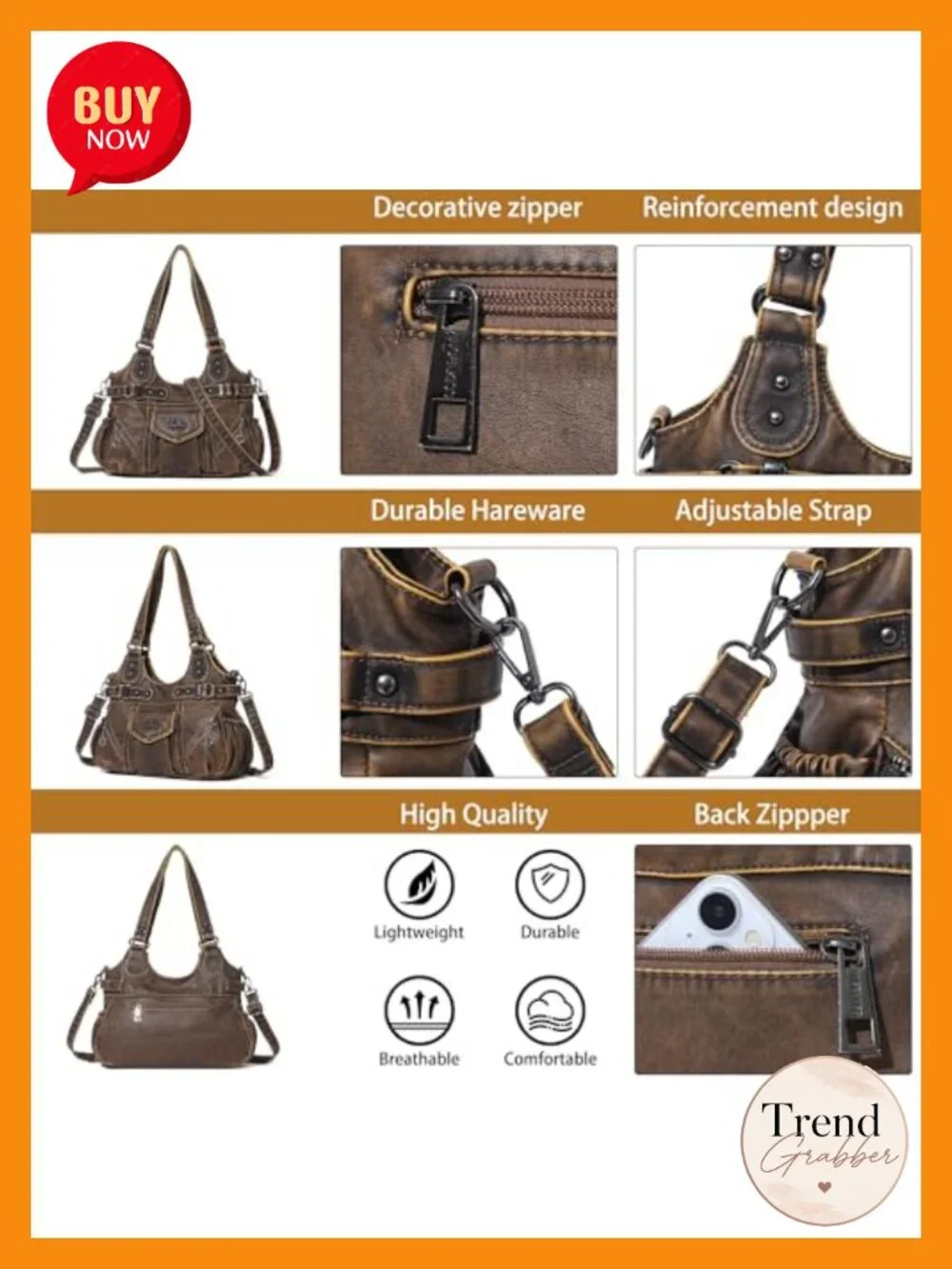Soft Hobo Shoulder Bag with Metal Studs, Zipper Pockets for Women